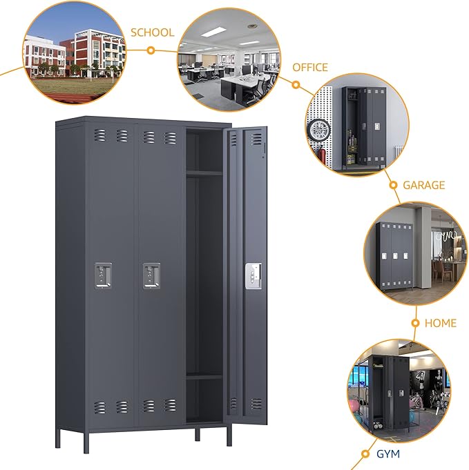 Metal Storage Locker, 72" inch Tall Employee Locker with 3 Doors for Employees School Hospital Garage Gym Home Office with Hooks Requires Assembly (Dark Gray)