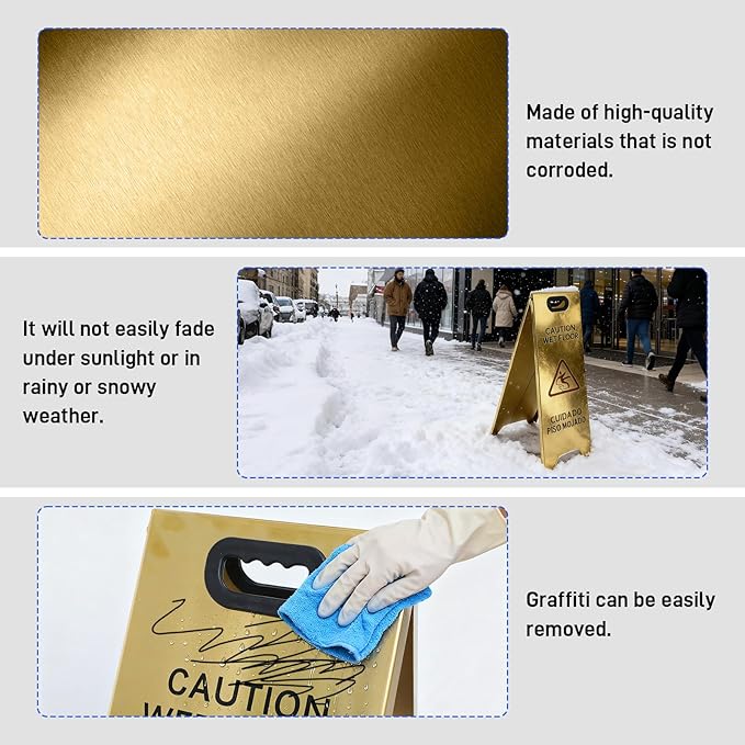 4 Pack Stainless Steel Wet Floor Sign, 24 Inch Caution Wet Floor Sign Portable Foldable Bilingual Safety Warning for Hotel Market Restroom Restaurant Office (Gold)