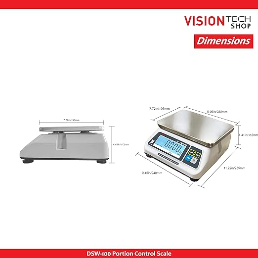 VisionTechShop DSW-100 Portion Food Scale with Single LCD Display, Stainless Steel Platter, 60lb Capacity, 0.02lb Readability, Lb/Oz/Kg/g Switchable, NTEP COC #22-007, NSF Certified
