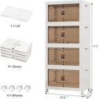 Storage Bins with Lids and Wheels, 398QT-99.5QT*4Tier Collapsible Bathroom Storage Cabinet with Clear Doors, Plastic Stackable Closet Organizers and Containers White
