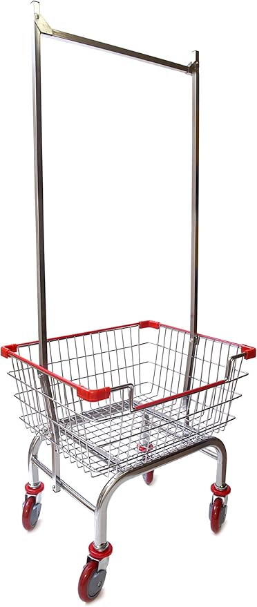 Laundry Cart Chrome Coated with Double Pole Rack, 2.5-Bu (Red or Blue Trim) (Red)