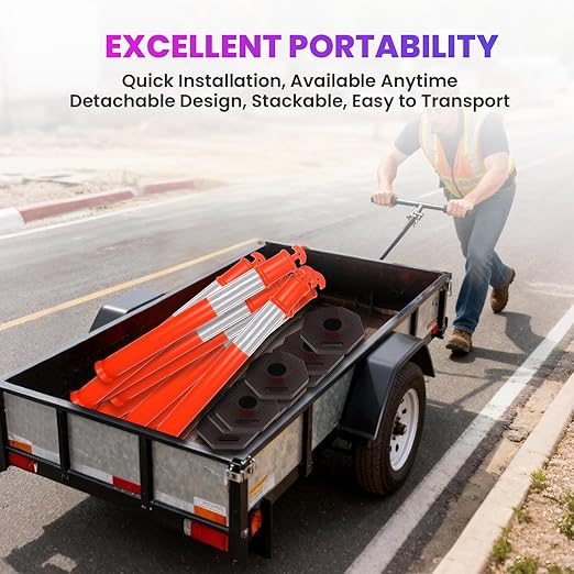 46” Traffic Delineator Post Cones with Stable Carbon Steel Base and Reflective Bands, Channelizer Post Kit, Delineator Post for Road Safety and Event Management (3 Pack)