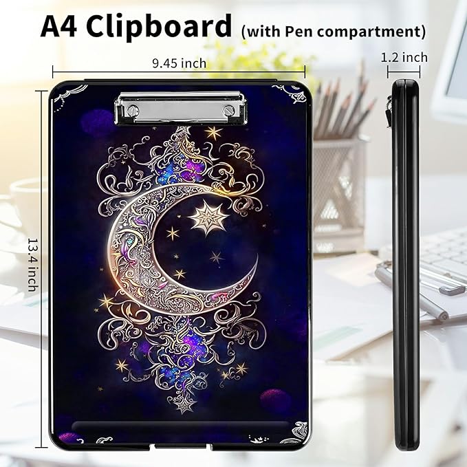 A4 Clipboards,Heavy Duty Waterproof Nursing Plastic Folder Clipboard with Storage Clip Boards,File Folder Storage Box Clipboard Case for Teacher,Doctor,Offices,Moon Star Galaxy Floral