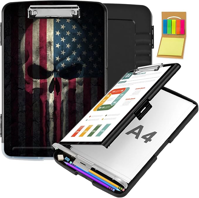 Clipboard with Storage,Office Supplies Nursing Clipboards Folder with Pen Holder Plastic Storage ClipBoard Foldable for Teacher Nurse,Skull Flag
