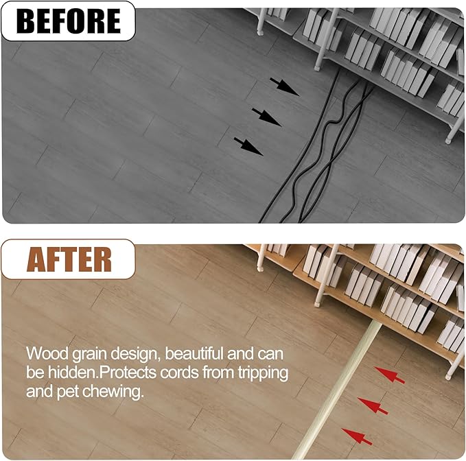 MYFAMIREA 3.3FT Floor Cord Cover for Wire Self Adhesive Cable Cavity Management PVC Extension Cord Hider Power Floor Wire Protector Prevent Cable Trips for Office Home Outdoor (Beige Wood, 1.18'')