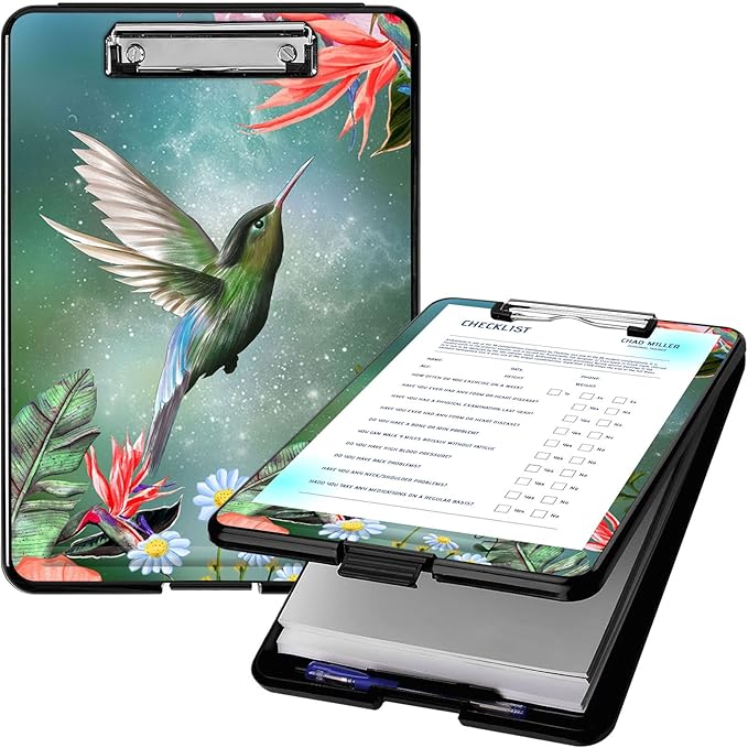 Clipboard with Storage, High Capacity Plastic Storage Clipboard with Low Profile Clip for Women Teachers Work, School & Office Supplies, Cute Pattern Decorative Clipboards, Hummingbird