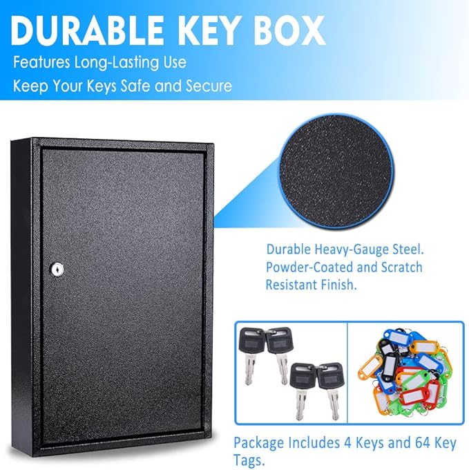 UMEKEN Metal Key Cabinet - 64 Position Wall Mount Car Key Lock Box with Key Tags - Vehicle Key Organizer Storage Locker, Black, 11.81" x 3.15" x 17.72"