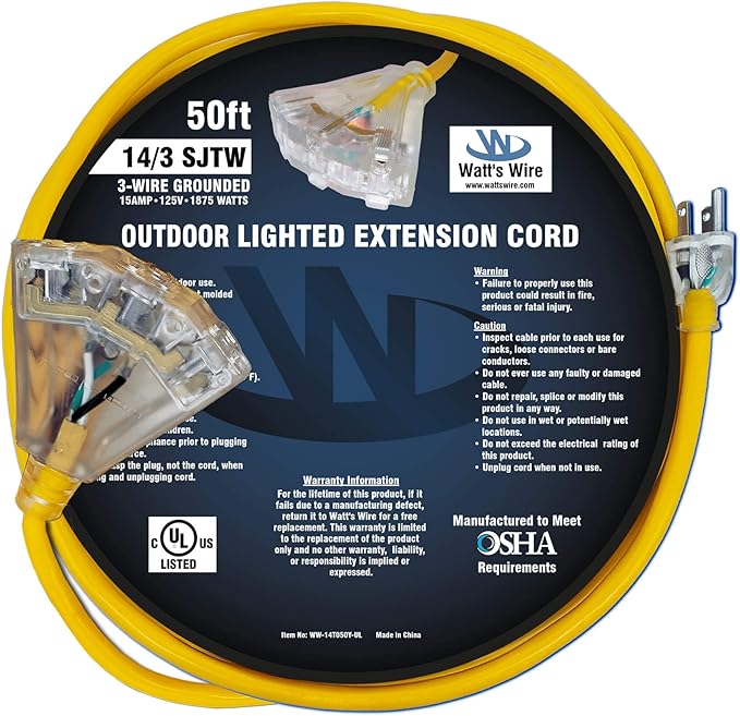 50 ft Outdoor Extension Cord Waterproof - 14 Gauge Heavy Duty Extension Cord 50 ft - Lighted Outdoor Extension Cords with Multiple Outlets - Watts Wire - 50' Grounded - extensiones electricas