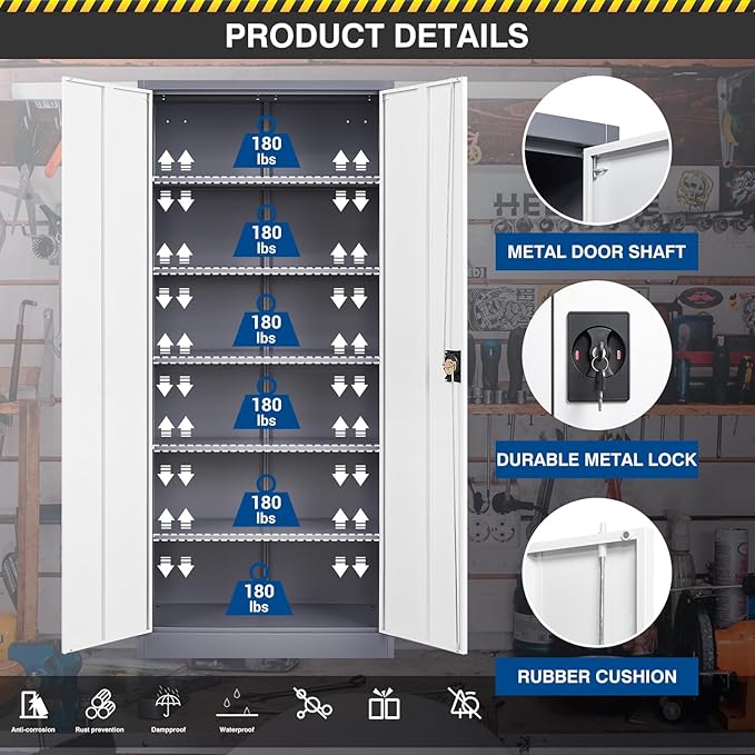 Metal Storage Cabinet-71” Tall Steel File Cabinets with Lockable Doors and Adjustable Shelves-Gray&White Steel Storage Cabinet for Home,Kitchen, School, Office, Garage