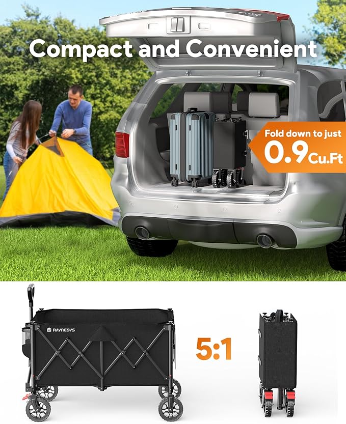 Collapsible Foldable Wagons, 440lbs Capacity Wagons Carts Foldable with All-Terrain Wheels, Heavy Duty Foldable Wagon, Utility Wagon Carts with Brakes for Camping, Sports, Shopping, Grocery, Black