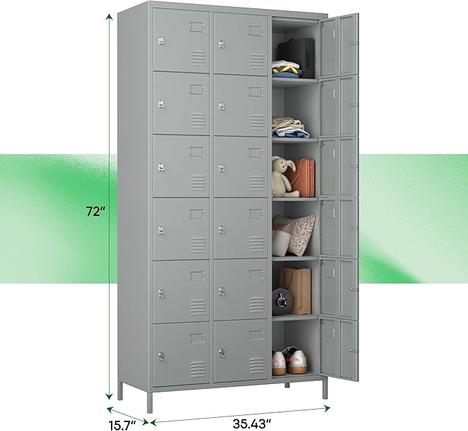 72" inch Employee Locker, Tall Metal Locker with 18 Doors, Storage Locker for Employees School Hospital Garage Gym Home Office with Hooks Requires Assembly (Light Gray)