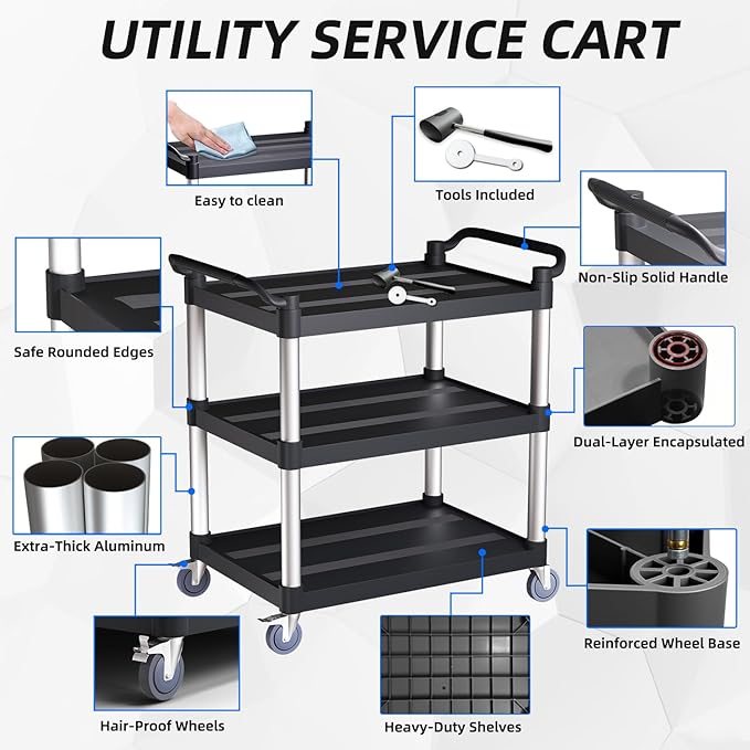 Utility Cart with Wheels, 3 Tier Rolling Cart with Tangle-Free Wheels(2 with Brakes), Heavy Duty 350 Lbs Capacity,Commercial Serving Cart for Home, Office, Restaurant, Warehouse.34.2" × 17" × 37"