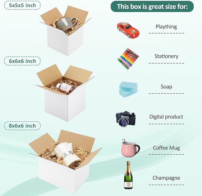 Eupako 30 Pack Small Shipping Boxes Assorted Sizes, White Corrugated Box Mailers, Cardboard Boxes for Packaging Small Business, Mailing, 5x5x5 & 6x6x6 & 8x6x6 10 PCS Each Small Boxes