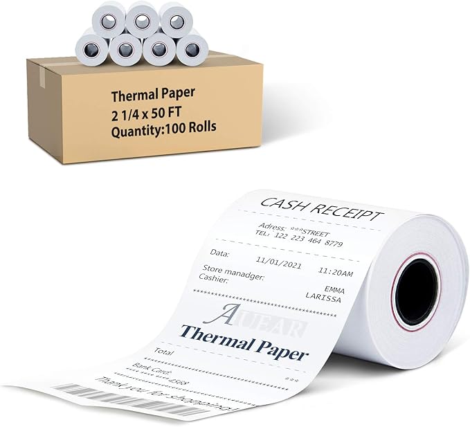 AUEAR, Thermal Cash Register POS Paper Rolls, 2 1/4" x 50' - BPA Free (100 Pack)