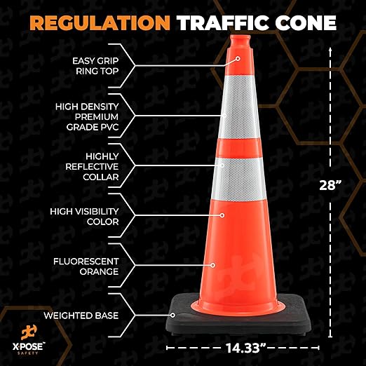 Xpose Safety 28 Inch Orange Slim Line Traffic Cones with 6" & 4" Collars, 6 Pack Multipurpose PVC Plastic Safety Cone for Parking, Soccer, Caution, Kids and Construction - DOT Approved