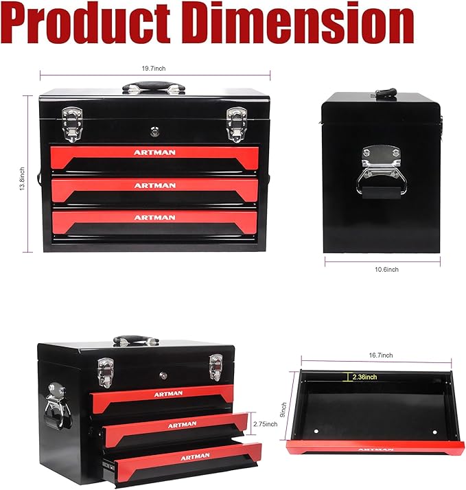 3 Drawers Metal Tool Box, 19" Heavy Duty Steel Tool Chest w/Key Lock & Handle, Multi-Function Top Storage Tray Toolbox w/Powder Coating & Ball Bearing Slides for Garage & Workshop(Black+Red)