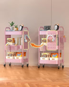 ALVOROG 3 Tier Rolling Cart with DIY Pegboards Metal Utility Cart with Wheels Handles Baskets Hooks, Craft Cart for Office Kitchen Bathroom(Cherry Blossom Pink)