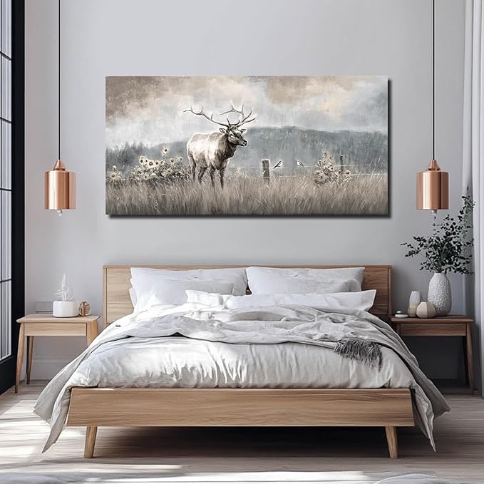 ZHENGYIN Large Bull Elk Wall Art, Deer Wildlife Canvas Print, Rustic Modern Farmhouse Wall Decor for Living Room Office, Above Sofa, 24x48 Inch