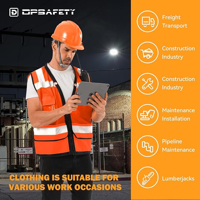 Reflective Safety vest With back plan pocket,High visibility Class 2 Heavy Duty Surveyor Vest with Zipper,Hi Vis Vest ANSI/ISEA Standard, Construction Work Vest for Men＆Women(Orange,5XL)