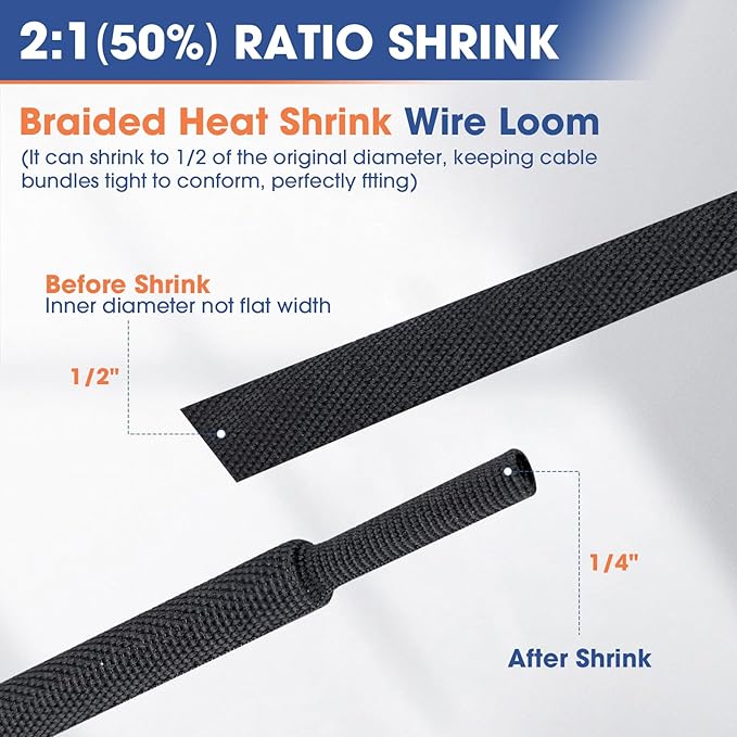2:1 Heat shrinkable Braided Sleeving Fabric Wire Loom High Temp Heat Shrink Wiring Harness Abrasion Protector Cable Sleeve(1/2"-34ft)
