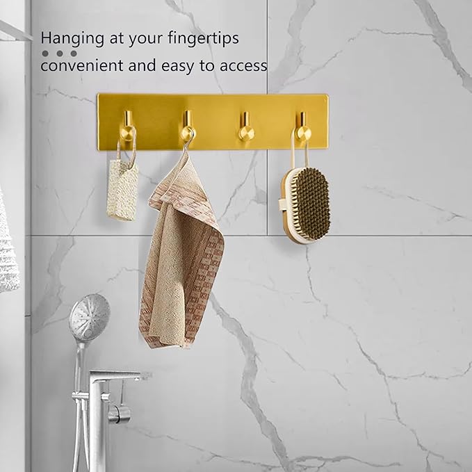 Kingdong Key Holder for Wall 304 Stainless Key Hooks Adhesive Key Holder Wall Mount Key Hanger with 4 Heavy Duty Hooks Key Organizer for Kitchen, Bedroom, Bathroom (Gold(4 Hooks))