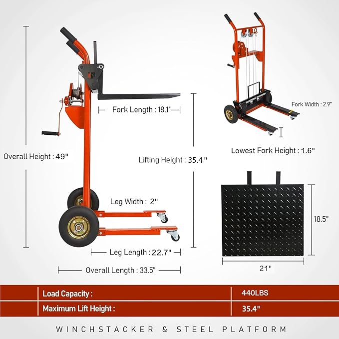 Material Lift Winch Stacker, 440 lbs Capacity Table Cart, 35.4" Lifting Height Manual Forklift Stacker, Pallet Jack Truck Dolly with Swivel Casters and Lift Plate (Orange)
