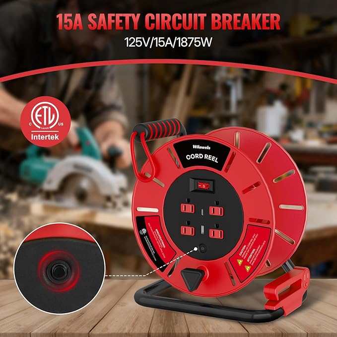 Extension Cord Storage Reel with 4-Grounded Outlet & 2 USB Port, 15A Circuit Breaker, Heavy Duty Open Cord Reel for 12/3,14/3 Gauge Power Cord, Hand Wind Retractable, ETL Listed Red R85CR06