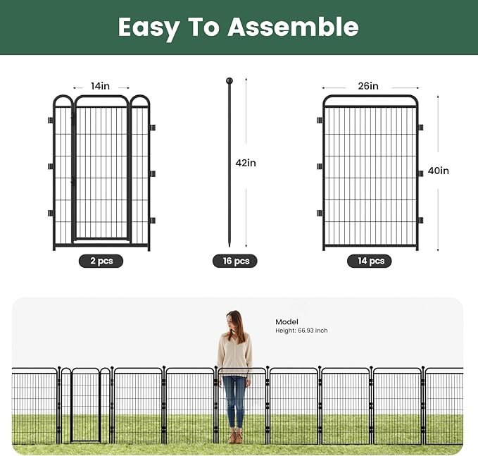 40 in(H) Decorative Garden Fence Outdoor for Yard with 2 Gates,Heavy Duty Iron 16 Panels Total 34.7ft(L) Anti Dig Fence with Gravity Automatic Lock for Indoor/Outdoor Decorative Dog Fence,Black