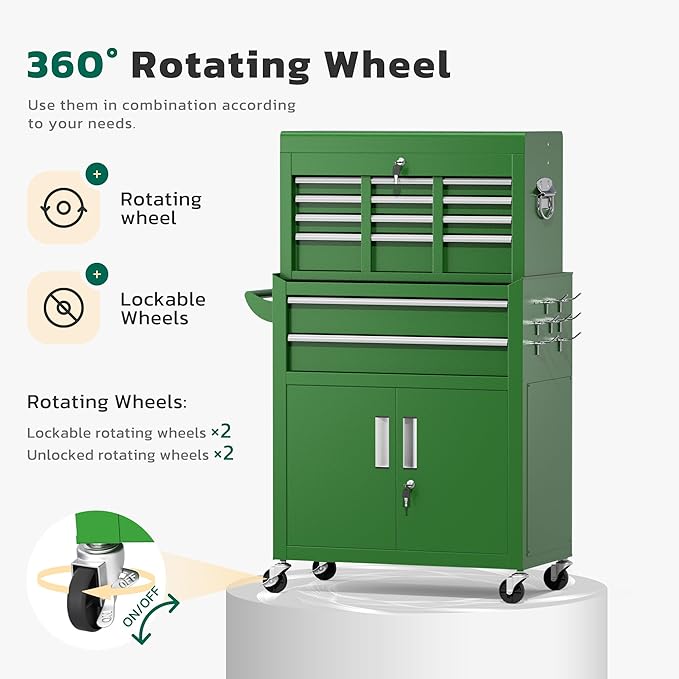 Greenvelly 8-Drawer Rolling Tool Chest, Metal Tool Chest with Wheels, Tool Cabinet with Detachable Top Tool Box, Metal Tool Cart with Liner & Hooks for Garage, Workshop, Warehouse (Green)