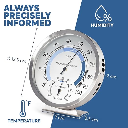 Analog Hygrometer – Thermometer Hygrometer for Indoor – Premium Stainless Steel Humidity Gauge Indicator – Temperature and Humidity Monitor – Battery Free Operation – Ø 12.5 cm