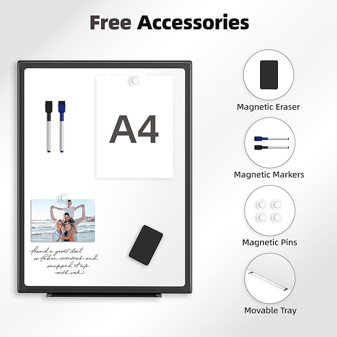 VUSIGN 24'' x 18'' Magnetic White Board for Wall, Dry Erase Board with Black Aluminium Frame, Hanging Whiteboard for Home, School,Office - Accessories Included
