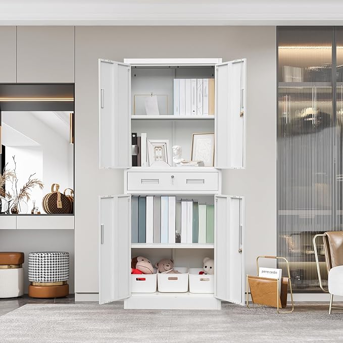 Metal Storage Cabinet, 71 Inch Tall Metal Storage Cabinet with Doors and Shelves, Pantry Cabinets with Drawer for Kitchen Storage, Garage Cabinet for Living, Dining Room, Assemble Required.