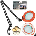 VEEMAGNI 12X 5 Inch Large Real Glass Magnifying Glass with Light and Stand, 5 Color Modes Stepless Dimmable, 2*16 Inch Swivel Arm LED Clamp Desk Lamp, Hands Free Lighted Magnifier for Crafting-Orange