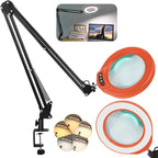 VEEMAGNI 12X 5 Inch Large Real Glass Magnifying Glass with Light and Stand, 5 Color Modes Stepless Dimmable, 2*16 Inch Swivel Arm LED Clamp Desk Lamp, Hands Free Lighted Magnifier for Crafting-Orange