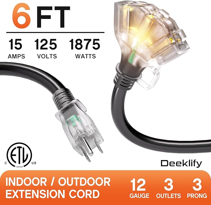 6 ft 12 Gauge 3 Outlet Extension Cord Splitter with Indicator, Waterproof Indoor/Outdoor Extension Cord with Multiple Outlets, 15A 1875W for Home & Workshop, ETL Listed, Flexible Black SJTW