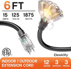 6 ft 12 Gauge 3 Outlet Extension Cord Splitter with Indicator, Waterproof Indoor/Outdoor Extension Cord with Multiple Outlets, 15A 1875W for Home & Workshop, ETL Listed, Flexible Black SJTW
