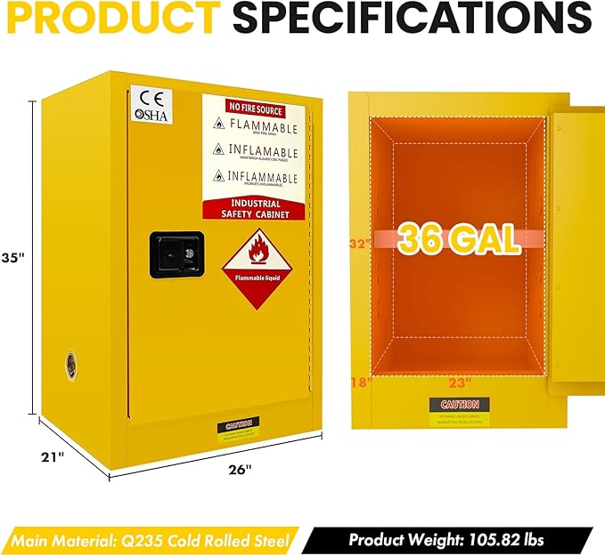 Flammable Storage Cabinet 34"x34"x65", 90 Gallon Chemical Safety Cabinet with Adjustable Shelf, Thickened Galvanized Steel Fireproof Cabinet for Flammable Liquids, Free Returns(35"x26"x21")
