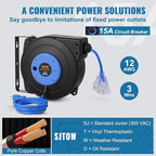 VEVOR Retractable Extension Cord Reel, 45 FT, Heavy Duty 12AWG/3C SJTOW Extension Power Cord with Lighted Triple Tap Outlet, 15A Circuit Breaker 180° Swivel Bracket for Ceiling or Wall Mount, Blue