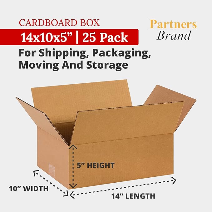 Partners Brand 14x10x5 Corrugated Cardboard Boxes, 14"L x 10"W x 5"H, Pack of 25 | Shipping, Packaging, Moving, Storage Box for Business, Strong Wholesale Bulk Boxes 14x10x5 14105
