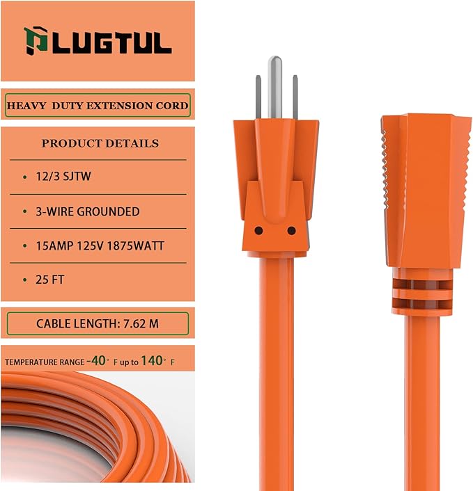 PLUGTUL 25 FT 12/3 Outdoor Extension Cord Waterproof, Heavy Duty 12 Gauge SJTW Extension Cord, 15A 1875W, ETL Listed, Great for Garden and Home, Orange