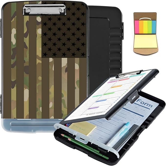 Clipboard with Storage,Clip Boards 8.5X11 with Storage & Pen Holder,Heavy Duty Plastic Nursing Clipboards Foldable,Coaches Clipboard Folder Case,School Office Supplies，USA Flag Camouflage