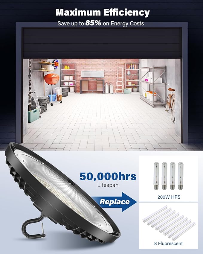 200W UFO LED High Bay Light, 28,000LM LED Shop Lights Fixture, 5000K, Replace 600W Halogen, 120VAC, Plug & Play Lighting for Warehouses, Workshops, Garages, and Barns – ETL Listed, 6 Pack