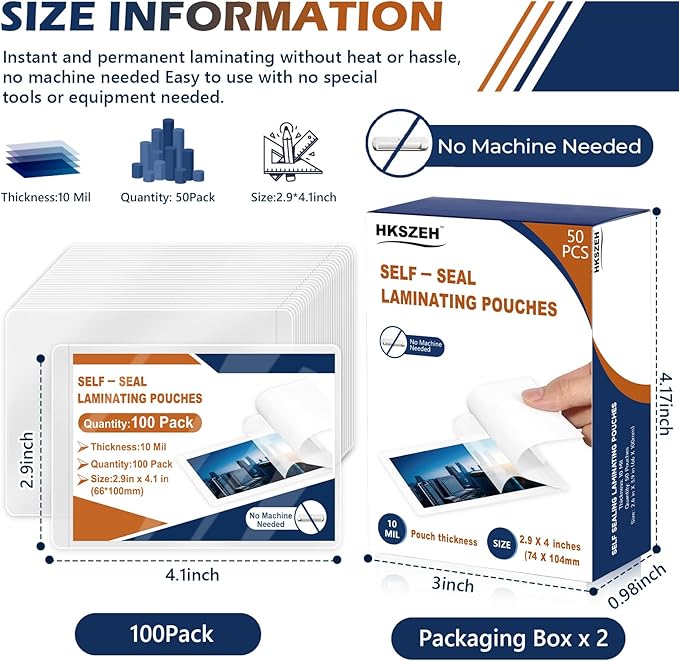 100 Pack 10 Mil 2.9"x4.1" Self Sealing Laminating Pouches Plastic Laminating Sheets Business Card Size Clear Lamination Paper for Office School Home Supplies（Waterproof & No Laminator Need)
