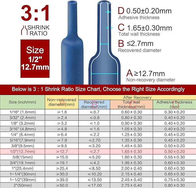 Chanzon 3:1 Ratio - 80ft Roll - Heat Shrink Tubing 1/2" (12.7mm) - Marine Grade Waterproof Adhesive Lined - (25M Total Length) Blue Polyolefin Sleeving Wrap Shrinking 3 to 1 Ratio 1pcs