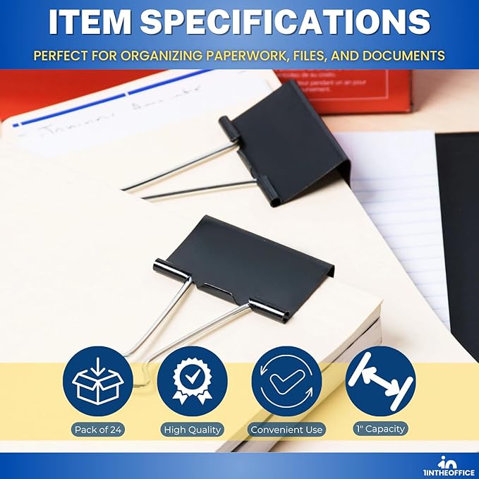 1InTheOffice Large Binder Clips, Paper Clamps, Paper Binder Clips, 1" Capacity, Metal, Black, 24 Pack