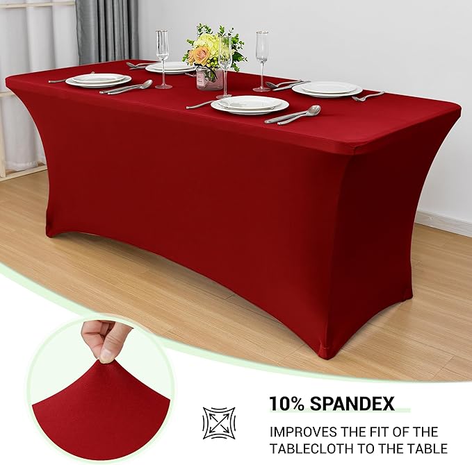 Obstal 6 Pack Stretch Spandex Red Table Covers for 8 Foot Tables - 8 FT Universal Rectangular Fitted Tablecloth Protector for Wedding, Banquet, Party, 96 Length x 30 Width x 30 Height Inches
