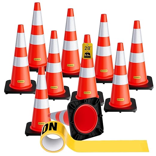 10 Pack 28 Inch Traffic Cones with Black Base, from -22℉ to 131℉, MUTCD-Compliant Orange Safety Cone with Reflective Collar ＆ Extra Caution Tape for Parking Lot, Construction Work, Road Safety