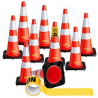 10 Pack 28 Inch Traffic Cones with Black Base, from -22℉ to 131℉, MUTCD-Compliant Orange Safety Cone with Reflective Collar ＆ Extra Caution Tape for Parking Lot, Construction Work, Road Safety
