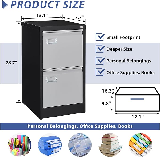 2 Drawer File Cabinet, Filing Cabinets for Home Office, Metal Vertical File Storage Cabinet with Lock, Locking File Cabinet for A4 Legal/Letter, 15.1" W x 17.7" D x 28.7" H, Assembly Required