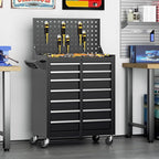 Greenvelly 7-Drawer Metal Tool Chest, Rolling Tool Chest with Wheels, Tool Cabinet with Pegboard and Hooks, Metal Tool Cart with Handle for Garage, Workshop, Warehouse (Black)